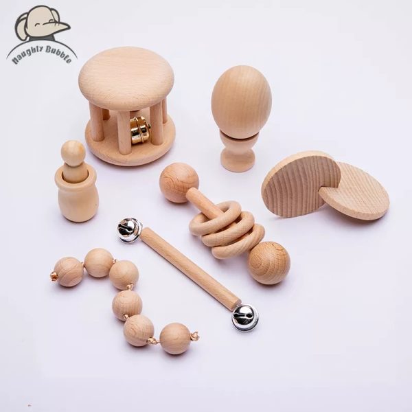 Kit Brinquedos Montessori Chocalho Infantil de Madeira, 7 peças